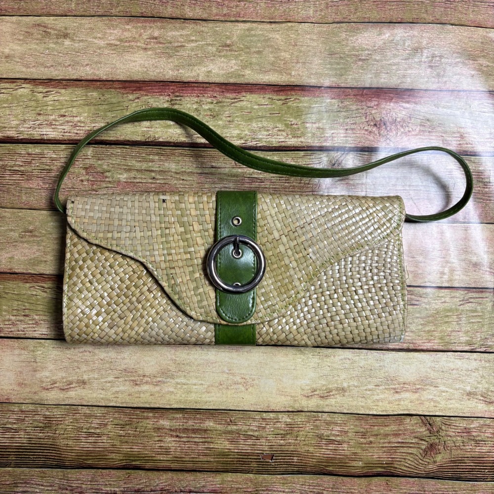 Woven Straw Clutch Bag Green Faux Leather Trim Buckle Detail Shoulder Bag